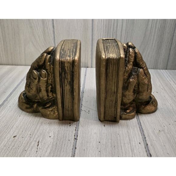Vintage Praying Hands Bookends Gold Book Holders 5" Tall Bible Religious God - Picture 1 of 8